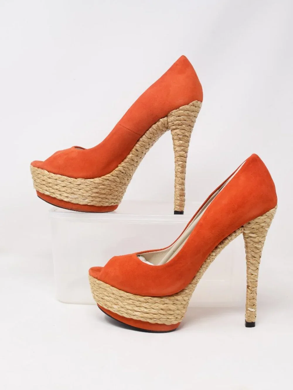 Mojo Moxy Tropicana Platform Pumps 7.5 B Orange Espadrille Heels New Open Peep